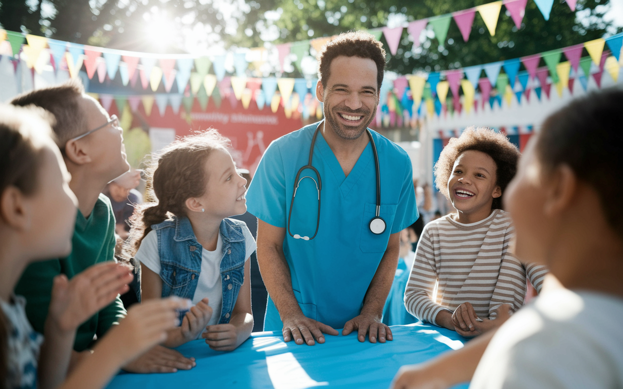 A joyous physician in scrubs, surrounded by children at a community health fair, smiling and engaging with families. The event is vibrant with colorful decorations and health-related booths. Natural sunlight creates a lively atmosphere, emphasizing the warmth of community service. The children are laughing and interacting happily, showcasing the positive effect of the physician's contributions.