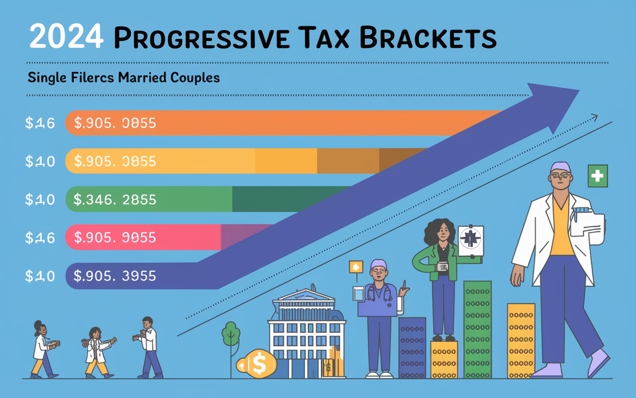 An informative, vivid infographic showcasing the 2024 progressive tax brackets for single filers and married couples. The chart should include color-coded sections for each tax rate, with visual elements like arrows or graphs depicting income levels. Include icons representing physicians, hospitals, or financial services to reinforce the medical profession's high earning potential.