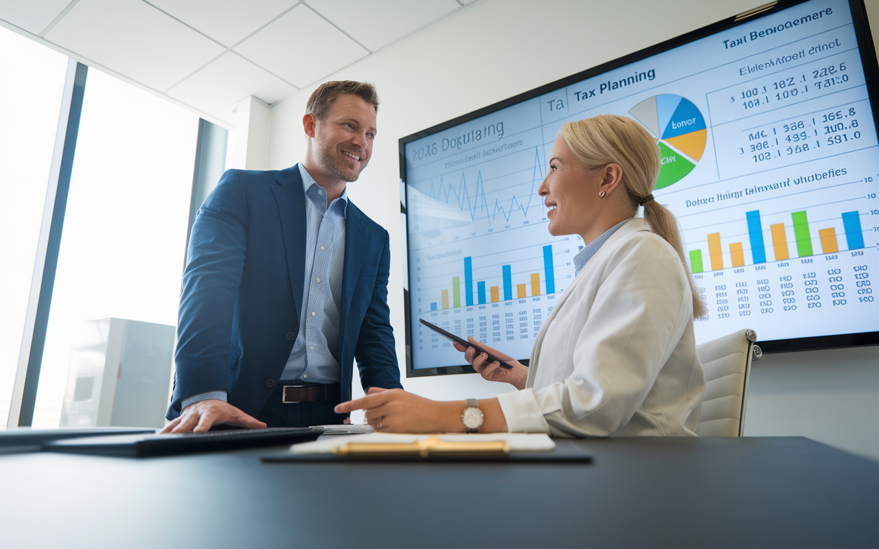 A visually engaging scene exhibiting a financial advisor guiding a physician through strategic tax planning. The office should feature a large screen displaying tax planning software, alongside charts showing deductions and tax benefits. The lighting should be bright and welcoming, enhancing the feeling of clarity and professionalism in the financial consulting environment.