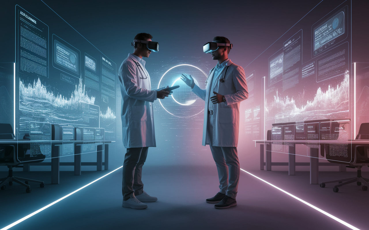 An imaginative futuristic scene depicting a physician and their tax advisor discussing advanced tax planning strategies using virtual reality technology. The background should show a sleek, modern office filled with holographic displays of tax laws and financial landscapes, illuminated by soft neon lights, creating an innovative atmosphere.