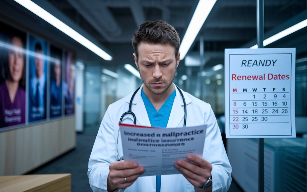 Visual representation of a physician looking concerned while reviewing a notice of increased malpractice insurance premiums with a worried expression. The office is modern with bright overhead lights, showing a wall with images of patient care achievements. A calendar marked with renewal dates highlights the urgency of this financial concern. The atmosphere conveys stress and contemplation about the future of their practice.