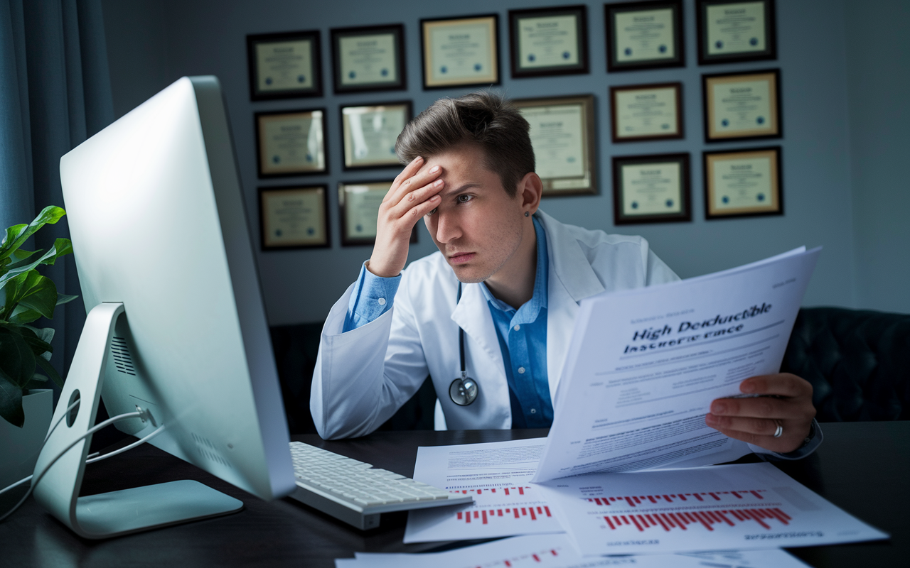 An image of a physician looking frustrated at their computer, with a high deductible insurance document open next to financial statements showing red numbers. The room is softly lit, reflecting a tense atmosphere as they try to navigate their finances. The walls are adorned with diplomas, showcasing their achievements, contrasting with the stress they are experiencing now.