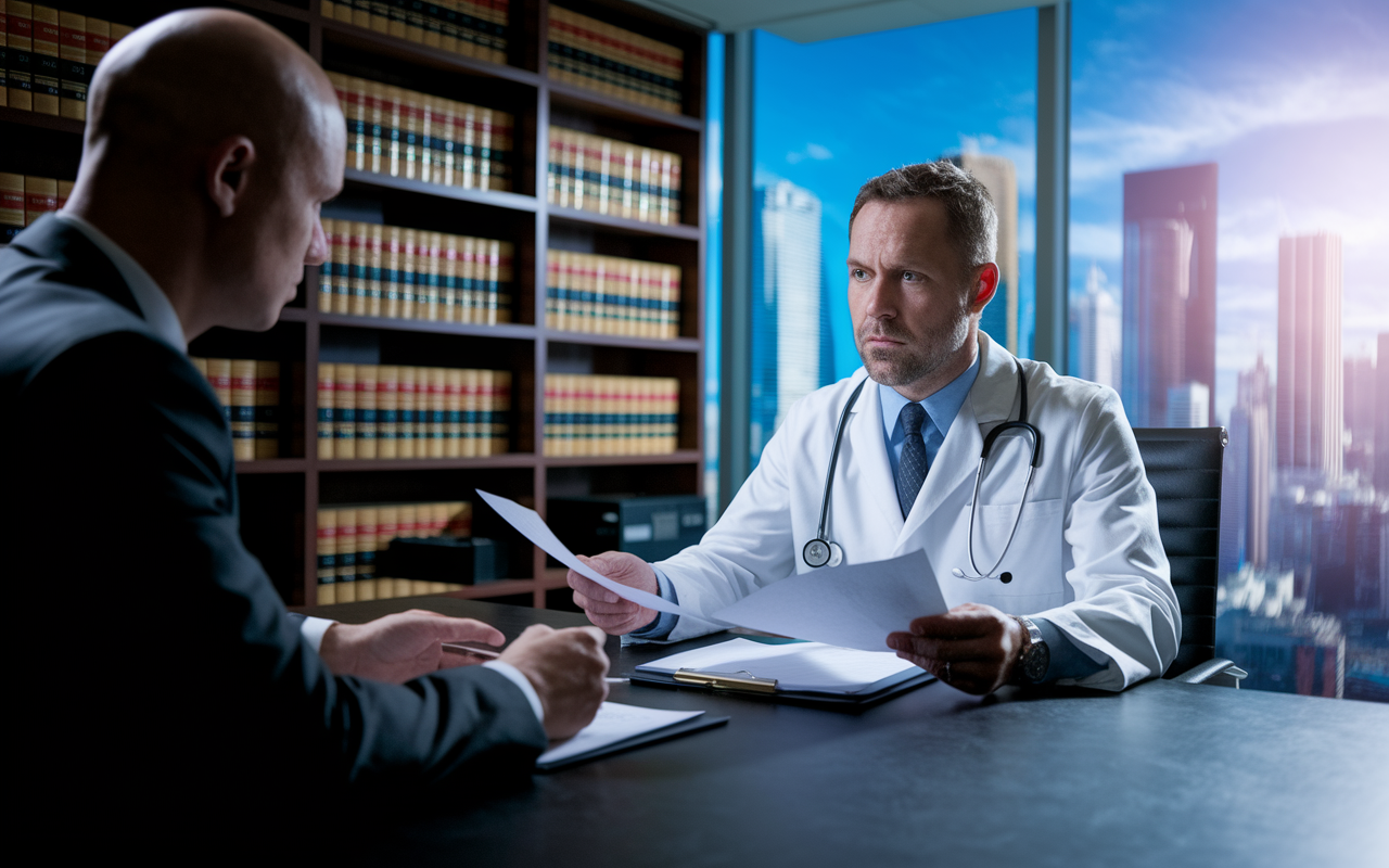 A concerned physician seated at a conference table with a lawyer, examining legal papers and discussing strategies. The background is a law office with bookshelves filled with legal texts and a window showing a vibrant cityscape, contrasting the seriousness of the meeting. The lighting is bright yet serious, focusing on the intense discussion about defense strategies.