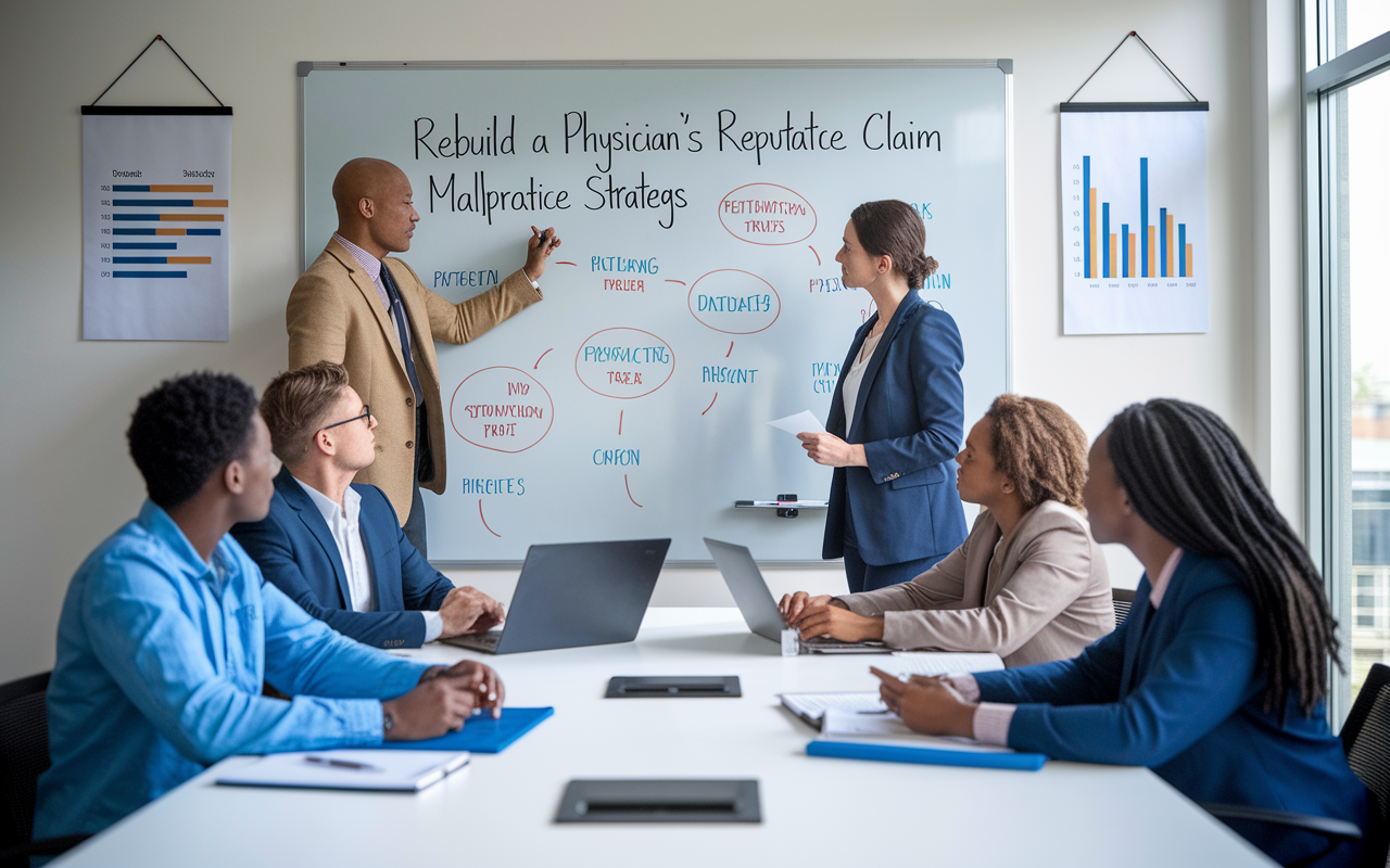 A marketing team brainstorming ideas in a modern conference room to rebuild a physician’s reputation after a malpractice claim. The whiteboard displays creative marketing strategies, and charts of patient satisfaction ratings are hanging on the walls. The lighting is bright and motivating, reflecting hope and determination for rebuilding trust.