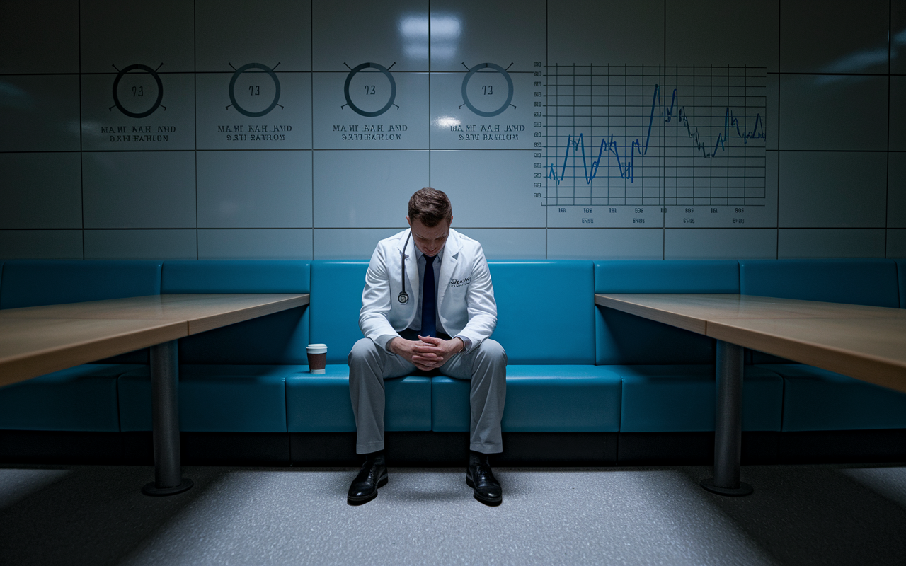 A burned-out physician sitting alone in an empty break room, gazing blankly at a wall with charts of decreasing patient satisfaction. The environment is dimly lit, reflecting the fatigue and emotional drain they feel from malpractice stress. A half-empty coffee cup sits beside them, signifying long hours and exhaustion.