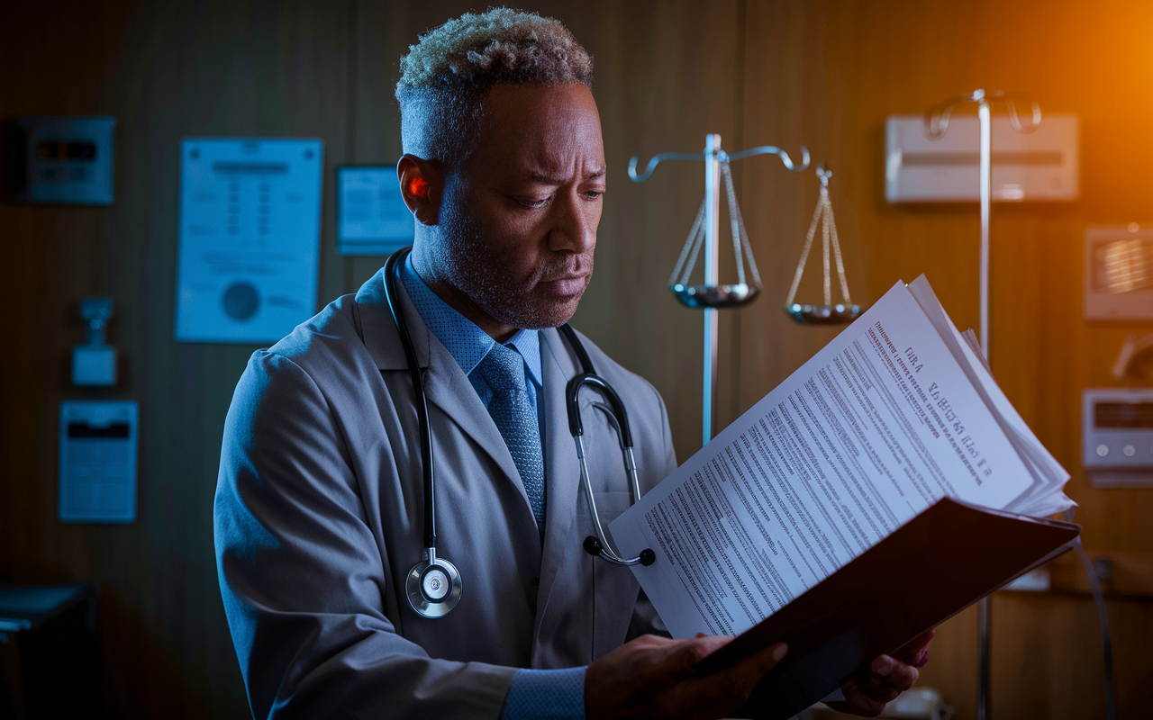 A physician in a hospital room, reviewing a complex patient file filled with medical records and legal documentation, looking concerned and deep in thought. The ambient lighting is warm yet dim, creating a contemplative atmosphere. Elements of the hospital, such as medical charts and equipment, subtly appear in the background, reinforcing the theme of professional responsibility versus risk.