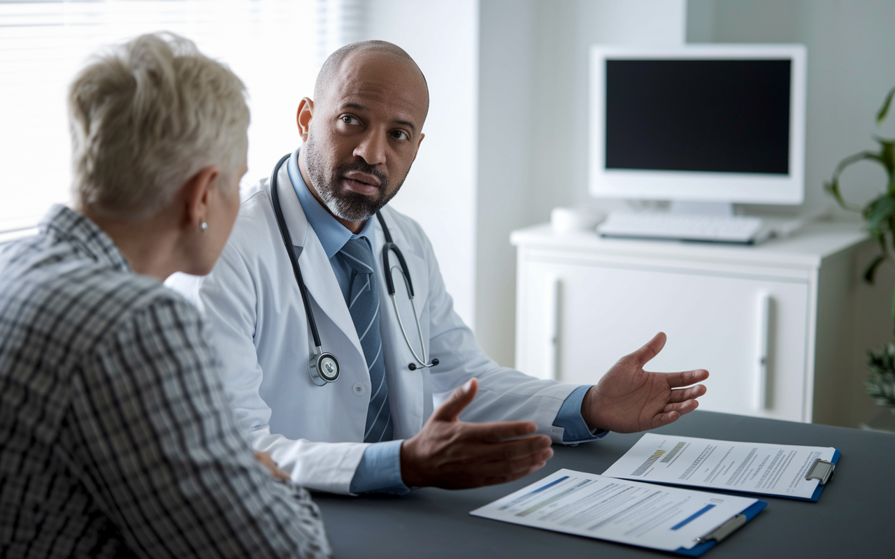 A physician seated across from a patient in a clinical examination room, engaged in a serious and empathetic conversation about treatment options. Documents reflecting treatment risks are on the table between them, creating a sense of transparency. The room is well-lit, fostering a trusting atmosphere.