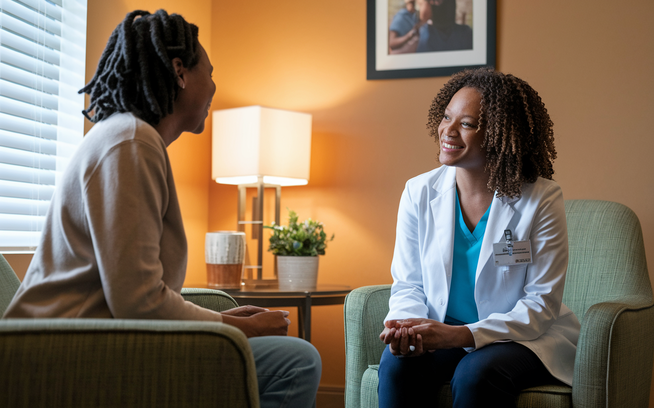 A healthcare provider sitting with a patient in an inviting consultation room, sharing a genuine smile while discussing care plans. The warm lighting and comforting decor create a relaxed environment, emphasizing open lines of communication and trust.