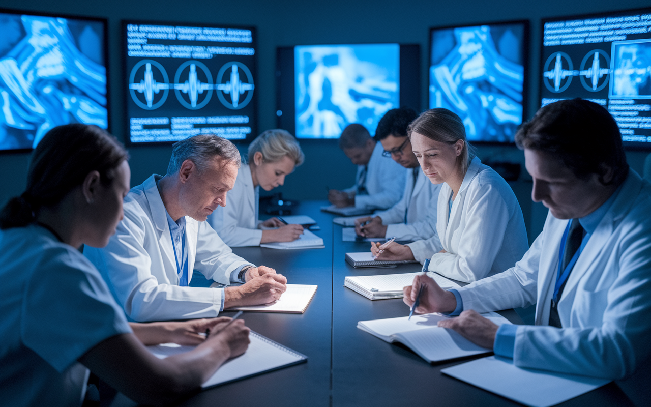 A group of physicians attentively listening and taking notes during a medical workshop, with modern educational materials and digital screens displaying advanced medical practices. Bright yet focused lighting enhances the intellectual atmosphere and commitment to learning.