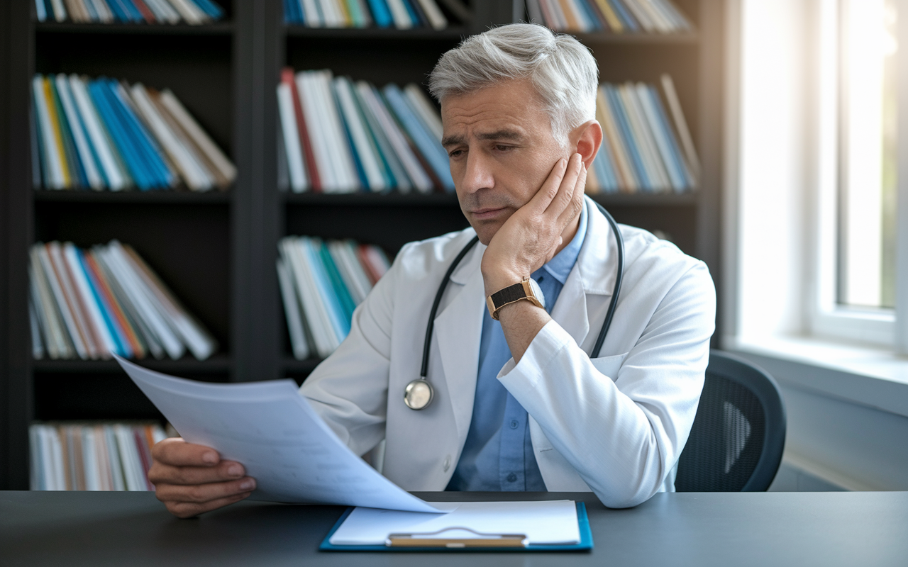 A thoughtful physician in a consultation room, gazing at a patient referral document while contemplating the complexity of a recent case. The room is filled with medical books and resources, symbolizing the importance of seeking help. Soft, natural lighting highlights the moment of realization.