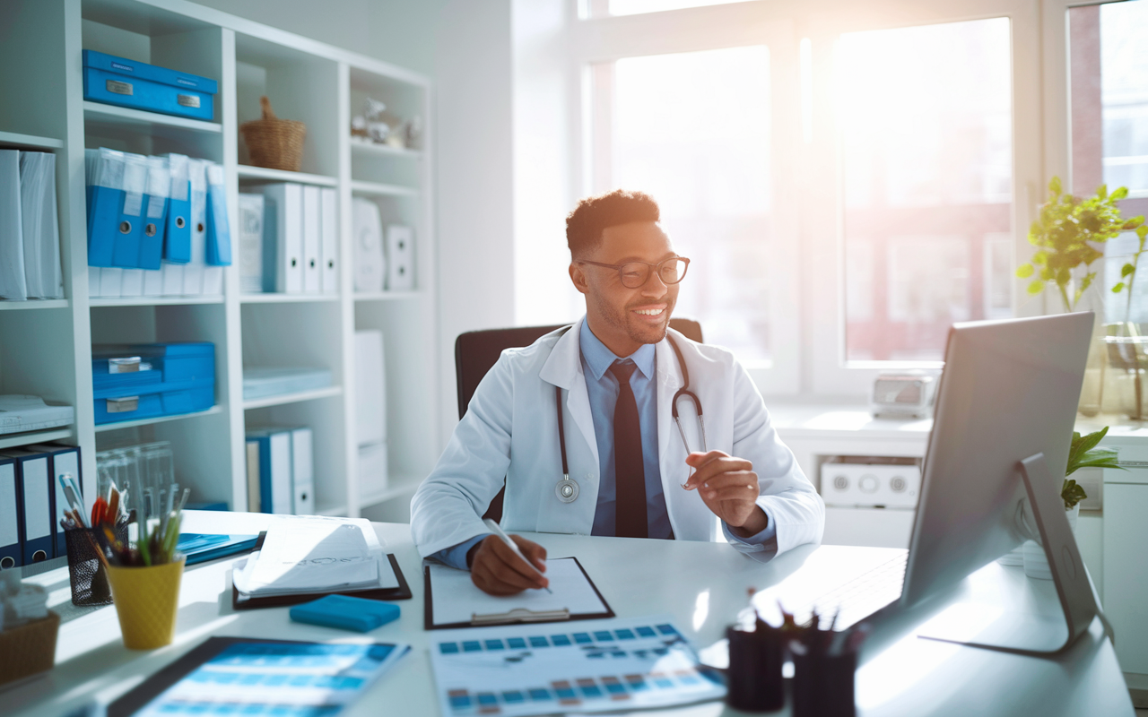 A confident physician working in a bright, organized office surrounded by medical materials, documentation, and technology, signifying preparedness and dedication to patient safety. The sunlight streaming through the window creates a positive, vibrant atmosphere, highlighting the proactive measures taken to avoid malpractice.