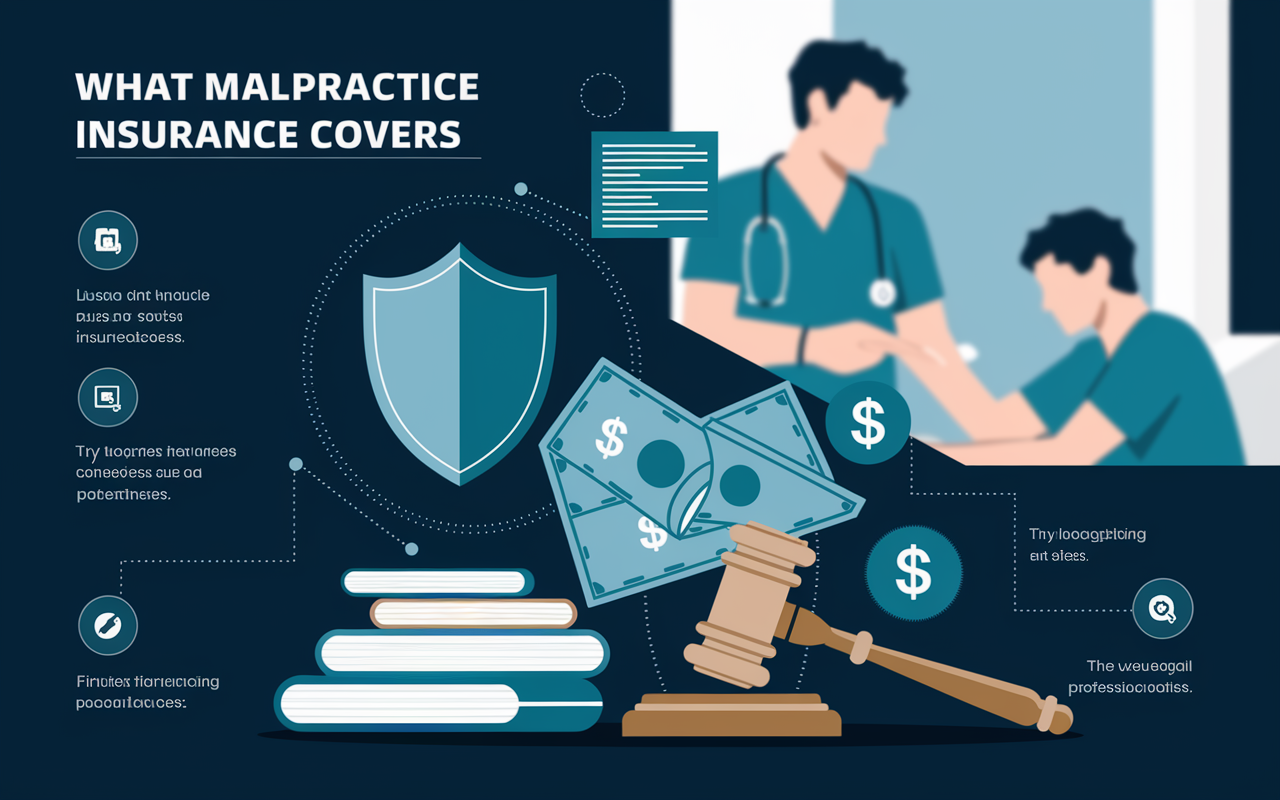 A sleek infographic detailing what malpractice insurance covers. Illustrated elements include a shield symbolizing protection, stacks of legal papers, a gavel representing court proceedings, and dollar signs showing financial implications. The background features a blurred image of a physician in scrubs and a patient discussing care, emphasizing the connection between insurance and patient safety. The color palette is calming blues and greens, evoking trust and professionalism.