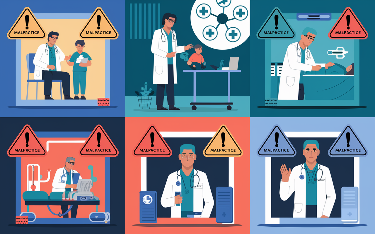 A collage showing different doctors in various medical situations, such as a pediatrician with a child, a surgeon in an operating room, and an emergency physician in a trauma situation, conveying the unpredictable nature of healthcare. Each scene is framed with graphic warning signs symbolizing potential malpractice risks, depicted with vibrant colors to draw attention. The atmosphere is tense but professional, symbolizing the gravity of decision-making in healthcare.