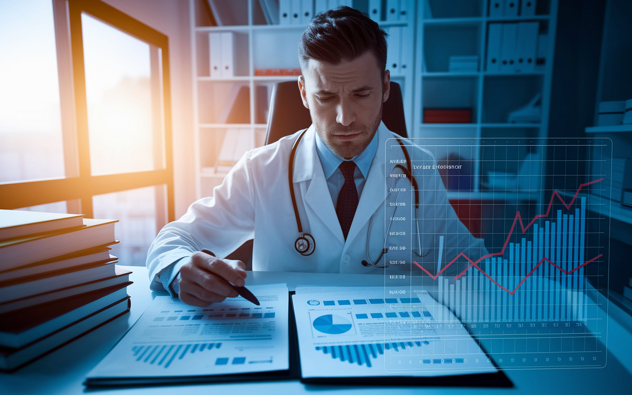 A concerned healthcare provider sitting at a desk, reviewing multiple insurance policy documents and comparing them to a digital graph showing insurance premium trends over time. The environment is an office filled with medical books and patient files, with a window showing a bright sunny day outside, symbolizing clarity and insight. The lighting is warm and focused, highlighting the intensity of the decision-making process regarding malpractice insurance.