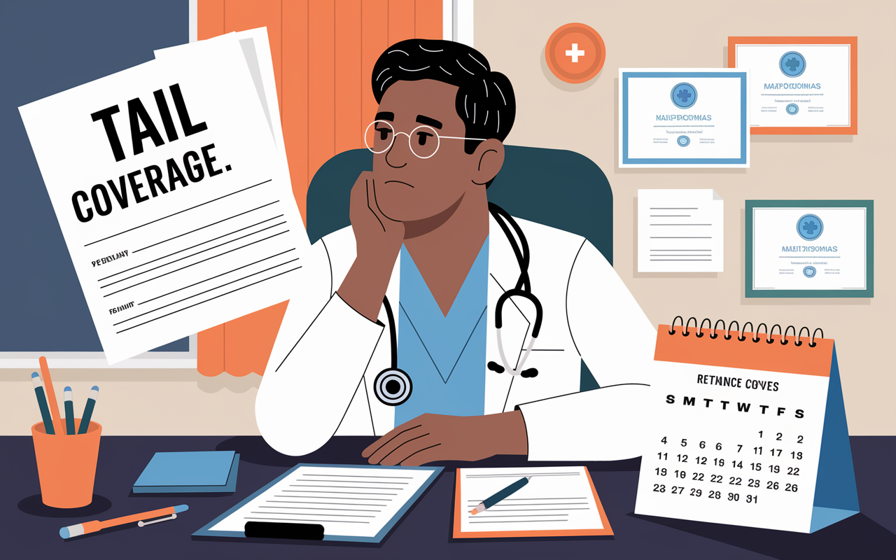 An illustrative scene depicting a healthcare professional contemplating their future, surrounded by paperwork labeled 'tail coverage.' The professional looks pensive while holding a stethoscope in one hand and a calendar suggesting retirement or transition timelines in the other. An office background with medical diplomas and a warm light conveys a sense of reflection and importance of planning for malpractice insurance transitions. The scene uses soft focus to emphasize the subject's expression.