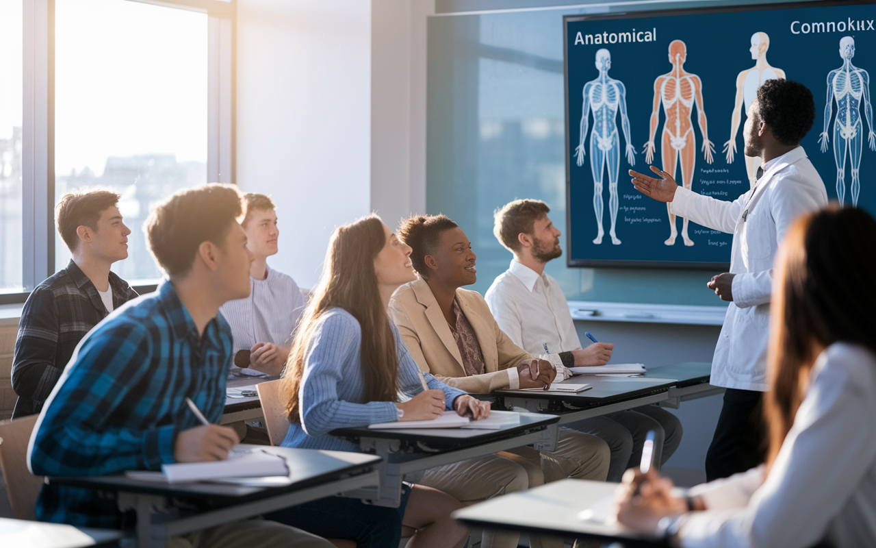 An engaged classroom scene in a medical school where students participate in an interactive lesson. A professor demonstrates complex anatomical diagrams on a digital screen. Students of all ethnicities take notes and ask questions, showing excitement and interest. The classroom is well-lit with natural light streaming through large windows, creating an inviting atmosphere for learning.