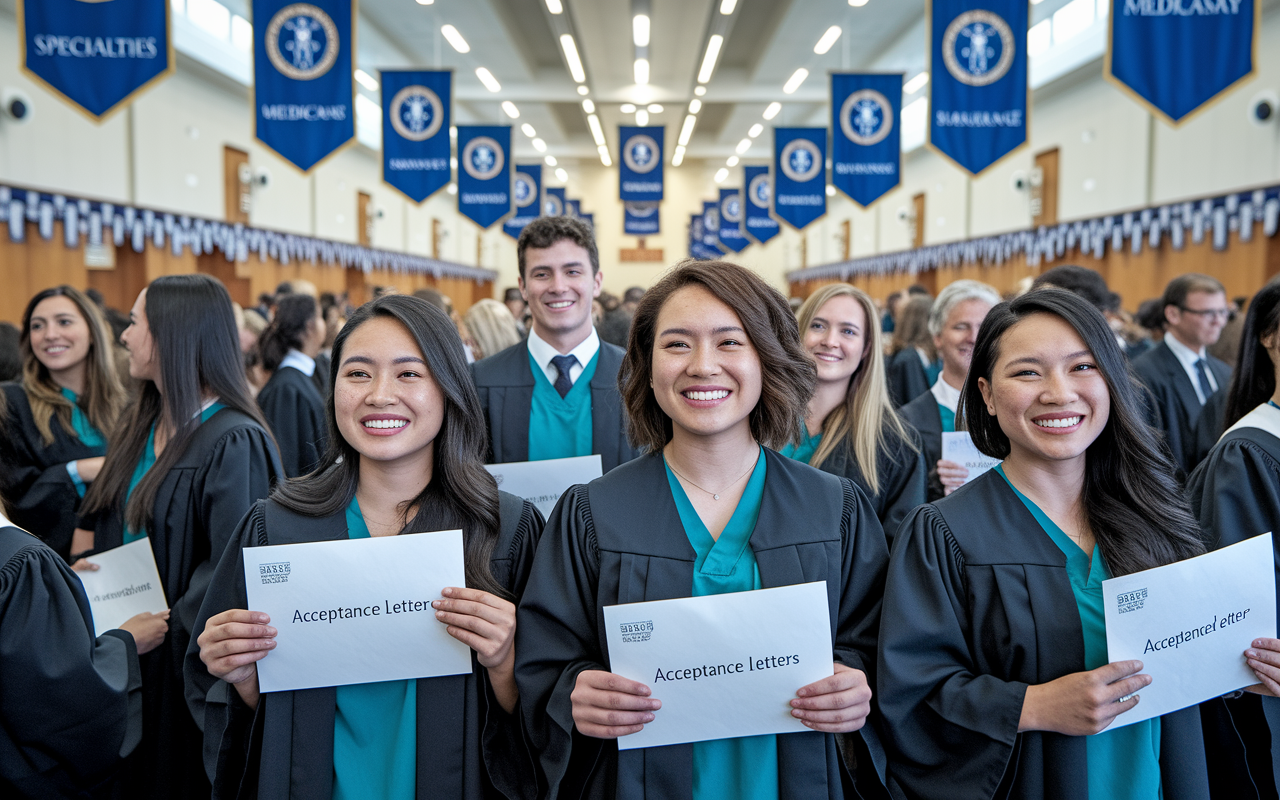 A celebratory scene at a medical residency match day event. Recent graduates dressed in professional attire smile broadly as they hold acceptance letters. The atmosphere is filled with excitement, as friends and families surround them, with banners showcasing medical specialties. The event takes place in a spacious hall adorned with medical insignias and class photos hanging on the walls.