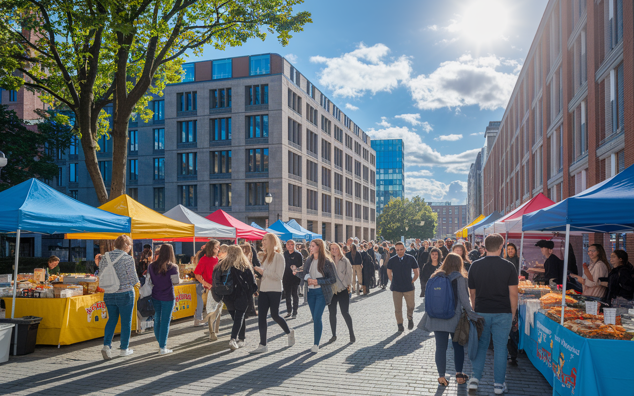 A bustling urban scene surrounding a medical school, showcasing a vibrant community. Students stroll through a nearby market with various cultural food stalls and locals engaging in friendly conversations. Tall historical buildings mixed with modern architecture, under a bright sunny sky. This backdrop represents the diverse cultural immersion and community life available to international students.