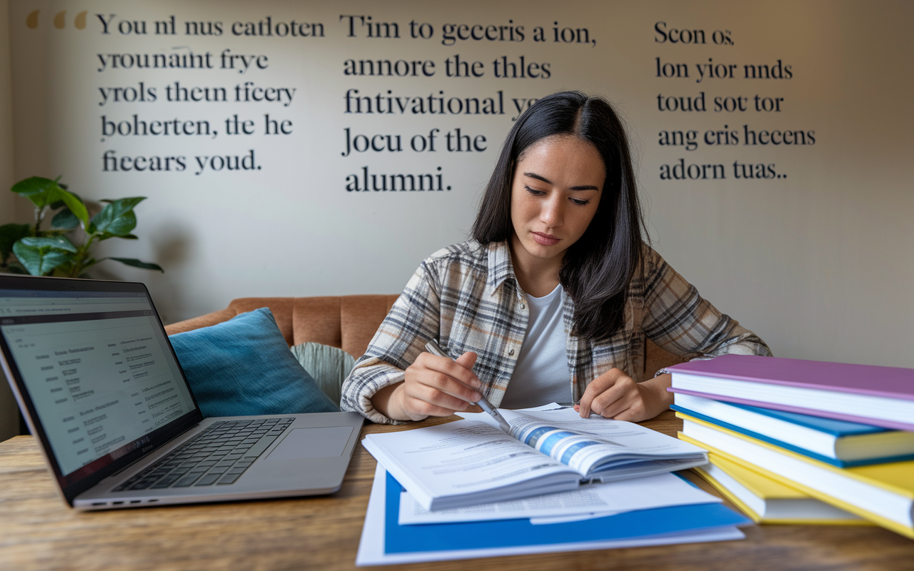 An international student carefully reviewing financial documents at a cozy desk, with a laptop showing a breakdown of tuition and costs. A stack of textbooks is nearby, while motivational quotes from successful alumni adorn the wall. The atmosphere indicates focus and determination, illustrating the financial planning aspect of studying abroad.