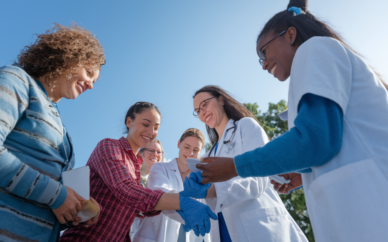 An engaging community service event where medical students are providing health checks to local residents. The setting showcases diverse individuals from various backgrounds interacting positively, under a clear blue sky. Students share smiles while exchanging information and offering assistance, demonstrating their commitment to community health and engaged learning.