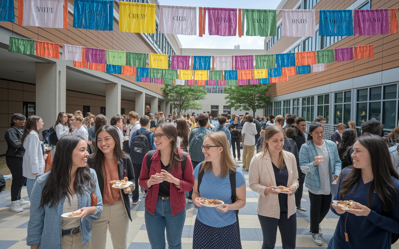 A lively social event on a medical school campus where students from various backgrounds are sharing conversations, laughter, and cultural experiences. Colorful decorations representing different cultures create a festive environment. Students participate in games, food tasting, and music enhancing the sense of community and inclusivity.