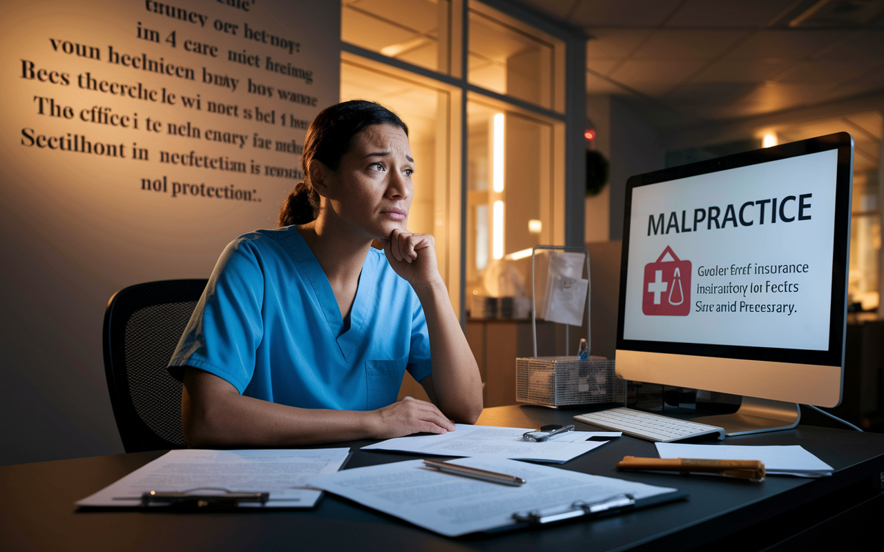 A healthcare provider in scrubs, looking concerned but resolute, sitting at a desk cluttered with legal documents and a computer displaying a malpractice case. The environment is an office space in a healthcare facility, illuminated by warm light. The wall bears inspirational quotes about care and professionalism. A sense of urgency and the need for protection is embodied in the image, reflecting the importance of malpractice insurance for providers.