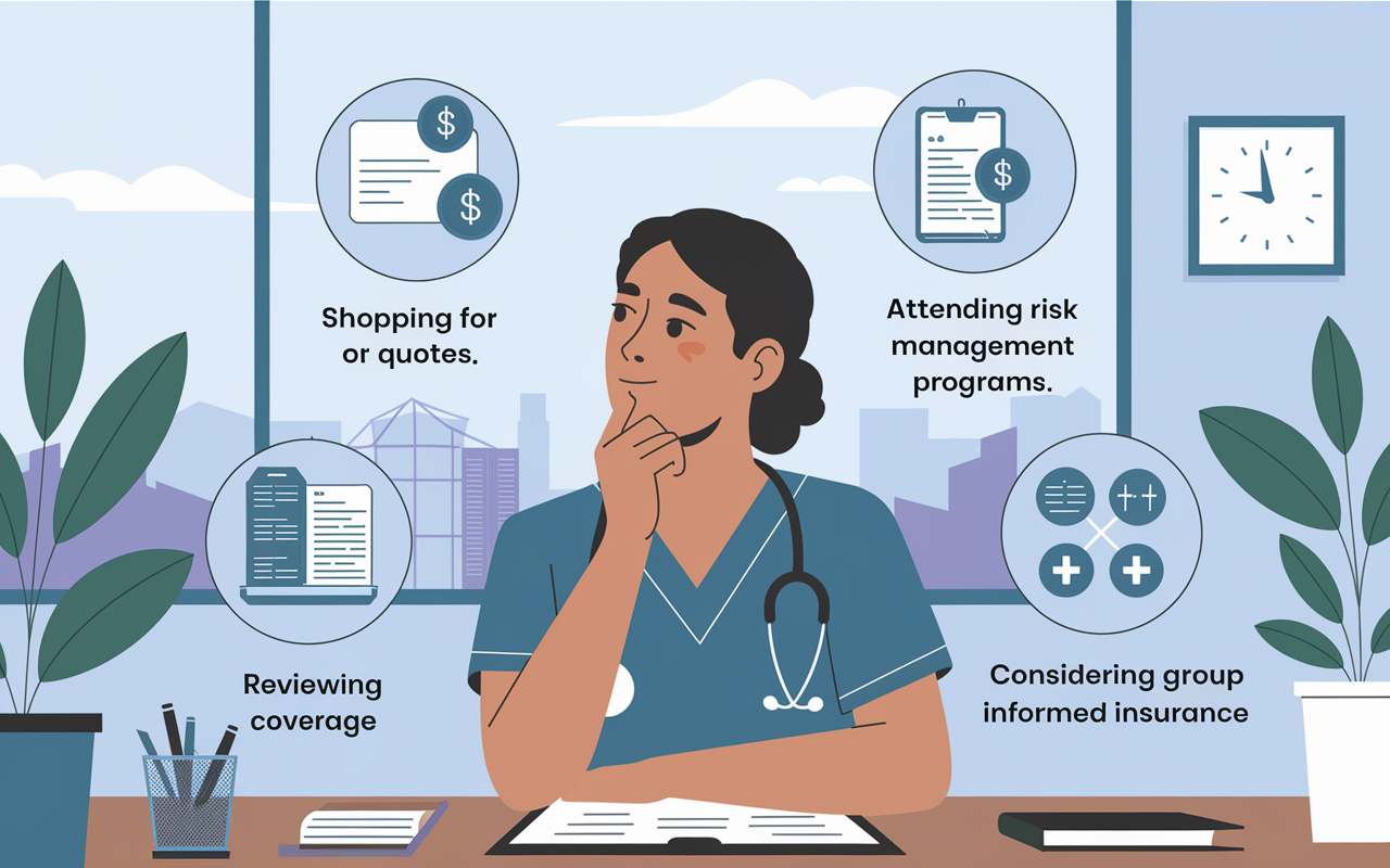 An engaging visual depicting a thoughtful healthcare professional surrounded by icons or charts illustrating various strategies for managing malpractice insurance costs: shopping for quotes, attending risk management programs, reviewing coverage, and considering group insurance. The setting is an office space with a window showing a serene view outside, symbolizing peace of mind that comes with informed choices.