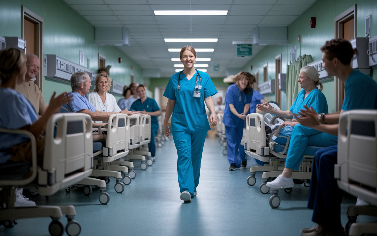 An inspiring scene of a healthcare professional walking confidently through a busy hospital corridor, with calm patients and satisfied staff all around. The lighting conveys a sense of trust and safety in the healthcare environment, emphasizing the peace of mind that comes with understanding insurance and managing risks effectively.