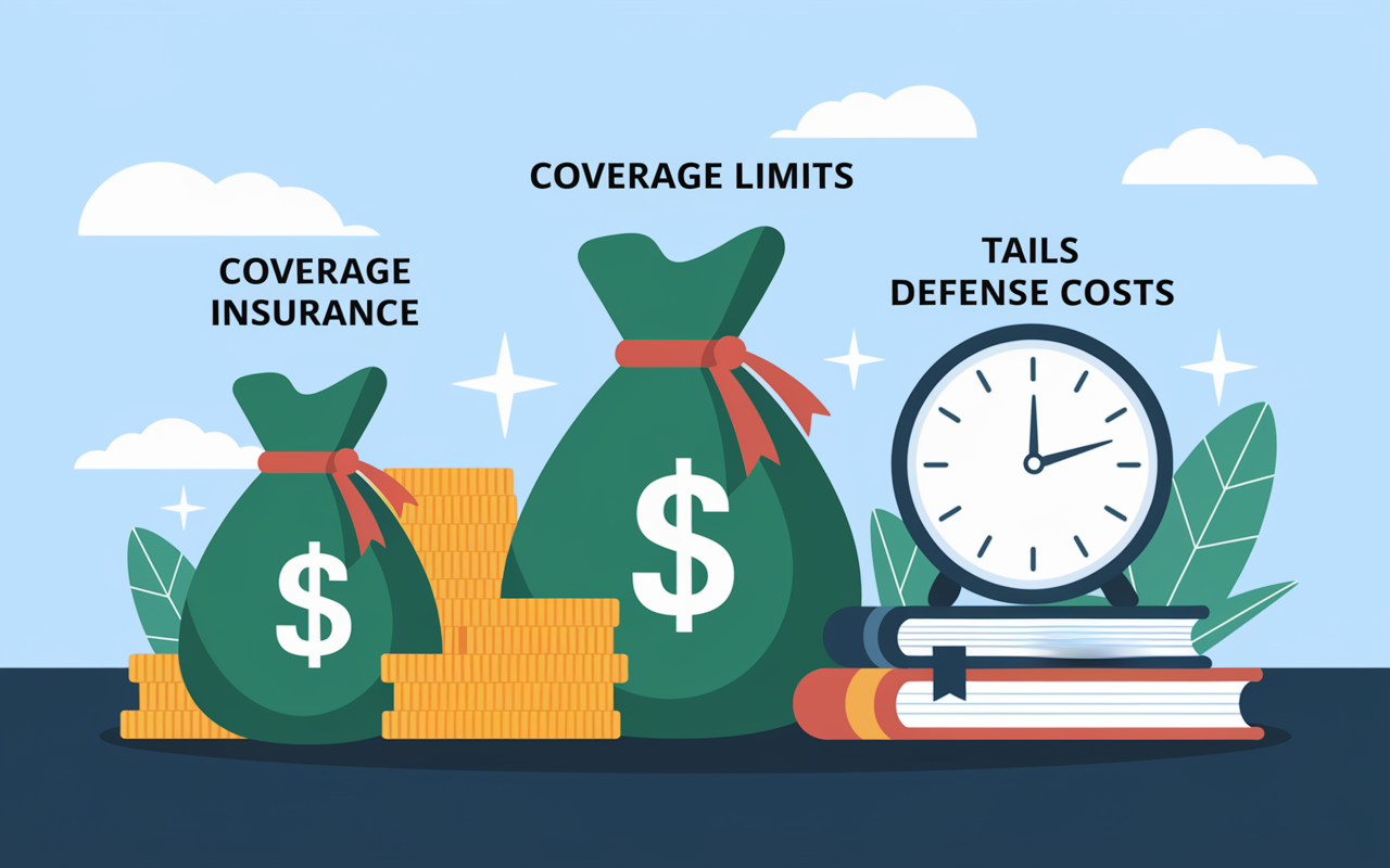 A visually striking infographic-style illustration displaying the key components of malpractice insurance, including coverage limits, tails, and defense costs. The scene includes icons representing money bags for coverage limits, a clock for tails, and law books for defense costs. Bright colors and clear graphics create an informative and visually engaging aspect, allowing viewers to easily comprehend these essential elements.