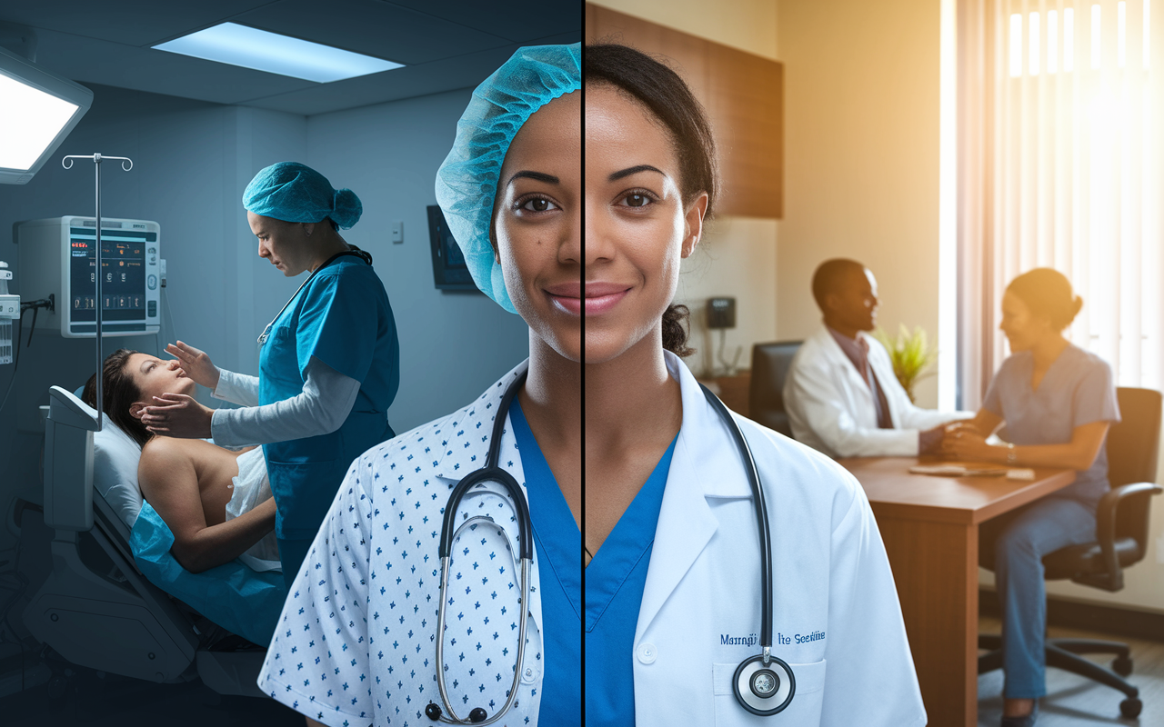 A split-screen depiction showing two contrasting healthcare professionals: on one side, an obstetrician in a busy delivery room, surrounded by medical equipment and tense expressions, representing high-risk specialties. On the other side, a calm family doctor in an office with smiling patients, conveying the lower-risk specialties. Soft lighting highlights the intensity of the delivery room while a warm glow surrounds the family doctor, emphasizing the differences in malpractice insurance premiums.