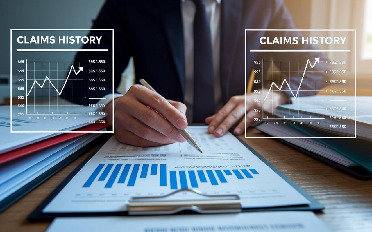 A detailed scene depicting an insurance underwriter at their desk, reviewing a healthcare provider's claims history. The desk is filled with files and digital screens displaying statistics and graphs on past claims. The atmosphere is serious and professional, with soft focus on the underwriter's concentrated expression. The lighting highlights the importance of claims history as a determining factor for malpractice insurance premiums.