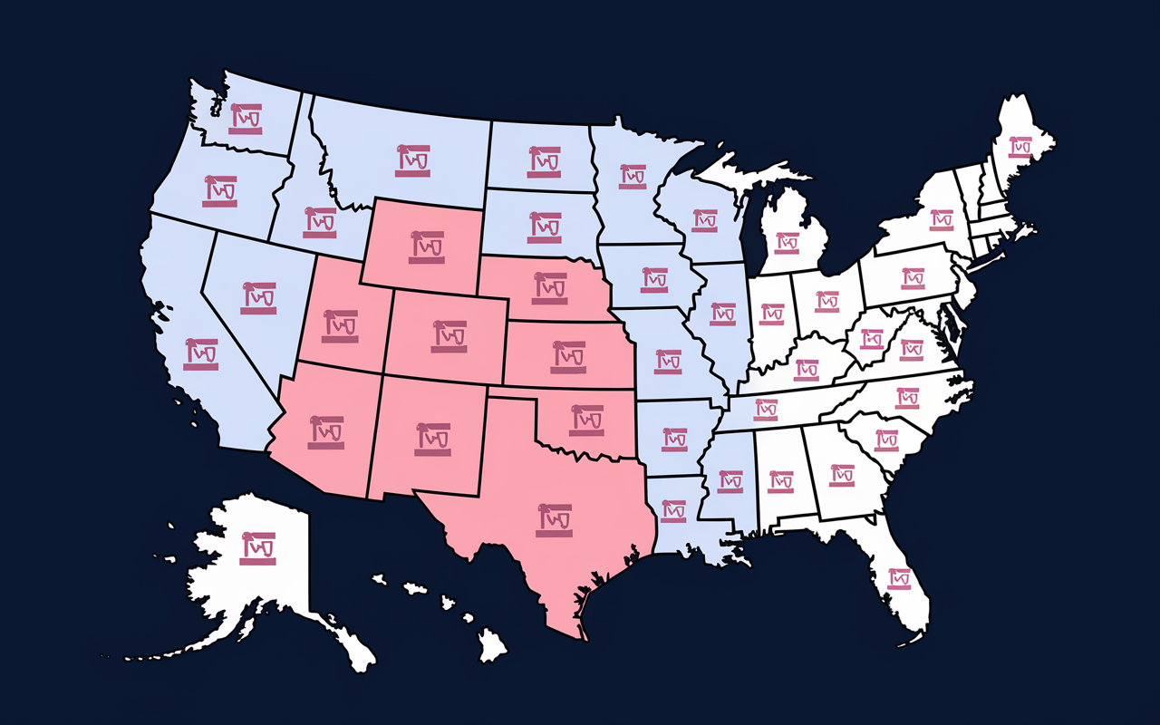 A vibrant map of the United States highlighting different states with varying colors signifying high and low malpractice insurance premiums. Icons represent litigation environments in certain states, with overlaid imagery of judges’ gavels and medical practitioners. The atmosphere conveys regional differences clearly, showcasing how location affects insurance costs dramatically.