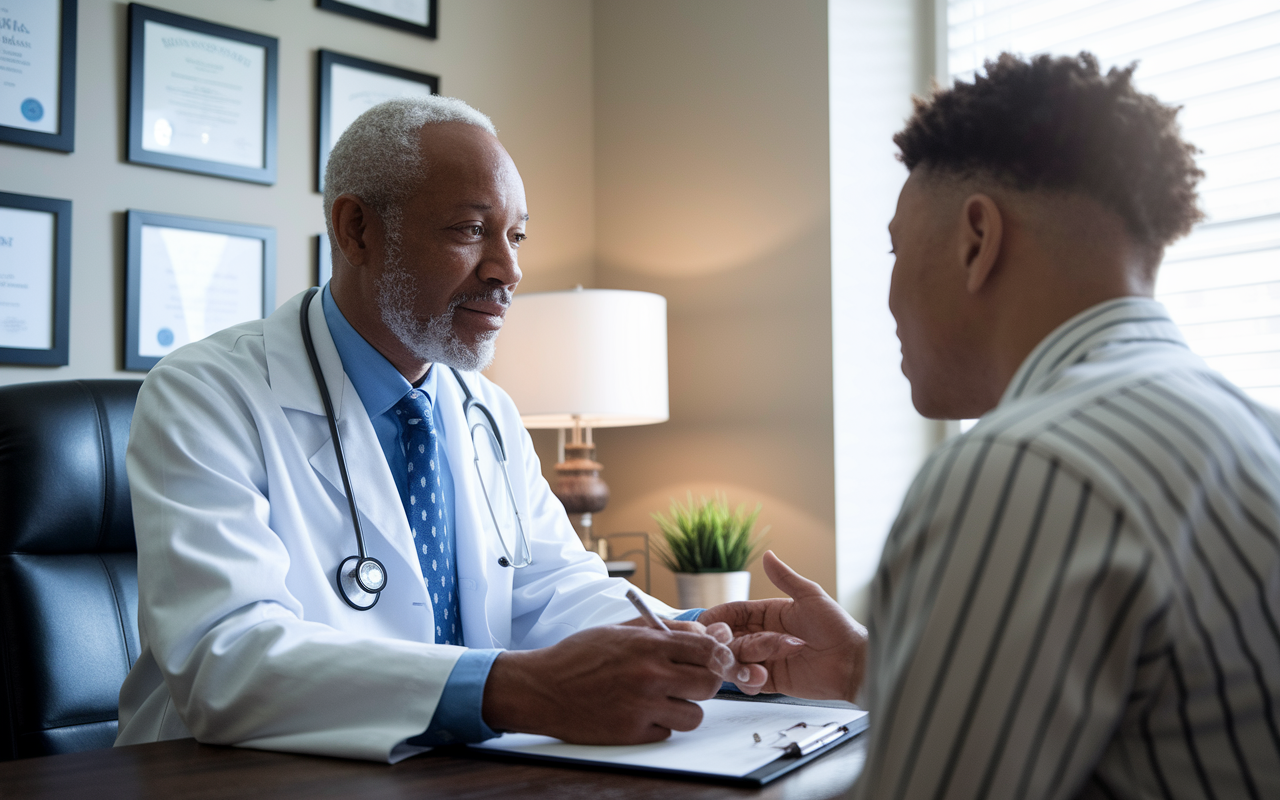 A seasoned doctor in a well-furnished office, with certificates on the wall and a calm demeanor, meeting with a young resident who looks eager and attentive. The scene emits a sense of mentorship and experience, with natural lighting illuminating the room, emphasizing the value of credentials and years in reducing malpractice insurance premiums.