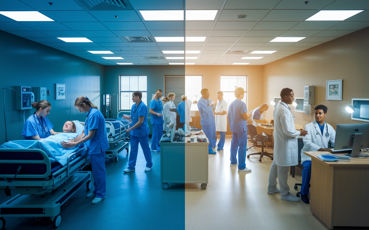 A busy emergency room filled with healthcare professionals aiding multiple patients in critical conditions, contrasted with a family physician's office with a steady but manageable flow of patients. The lighting in the ER is high-intensity to reflect urgency while soft, warm light fills the family doctor's office, showcasing how patient volume impacts malpractice insurance premiums.