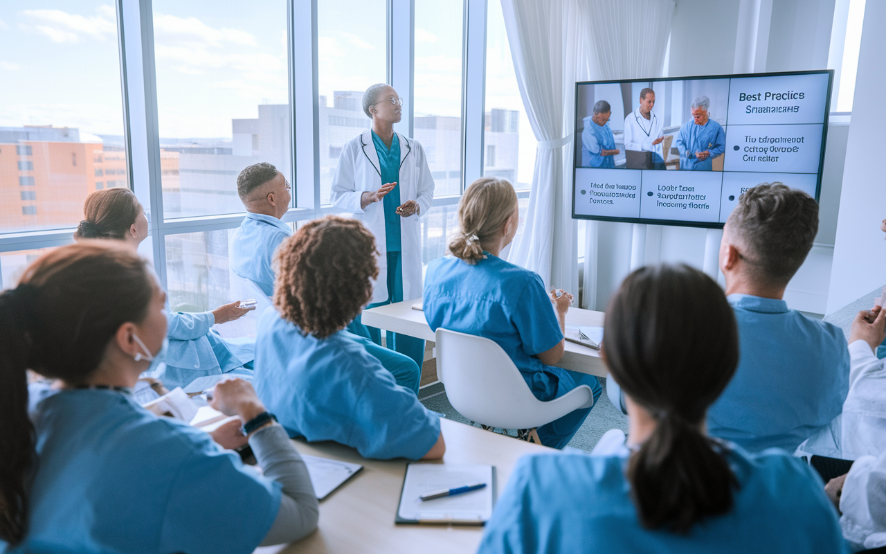 A group of healthcare professionals engaged in a risk management seminar, attentively listening to a presenter showcasing best practices on a large screen. The environment is bright and modern, reflecting commitment to ongoing education and patient safety. This scene highlights the importance of proactive practices in lowering malpractice insurance costs.