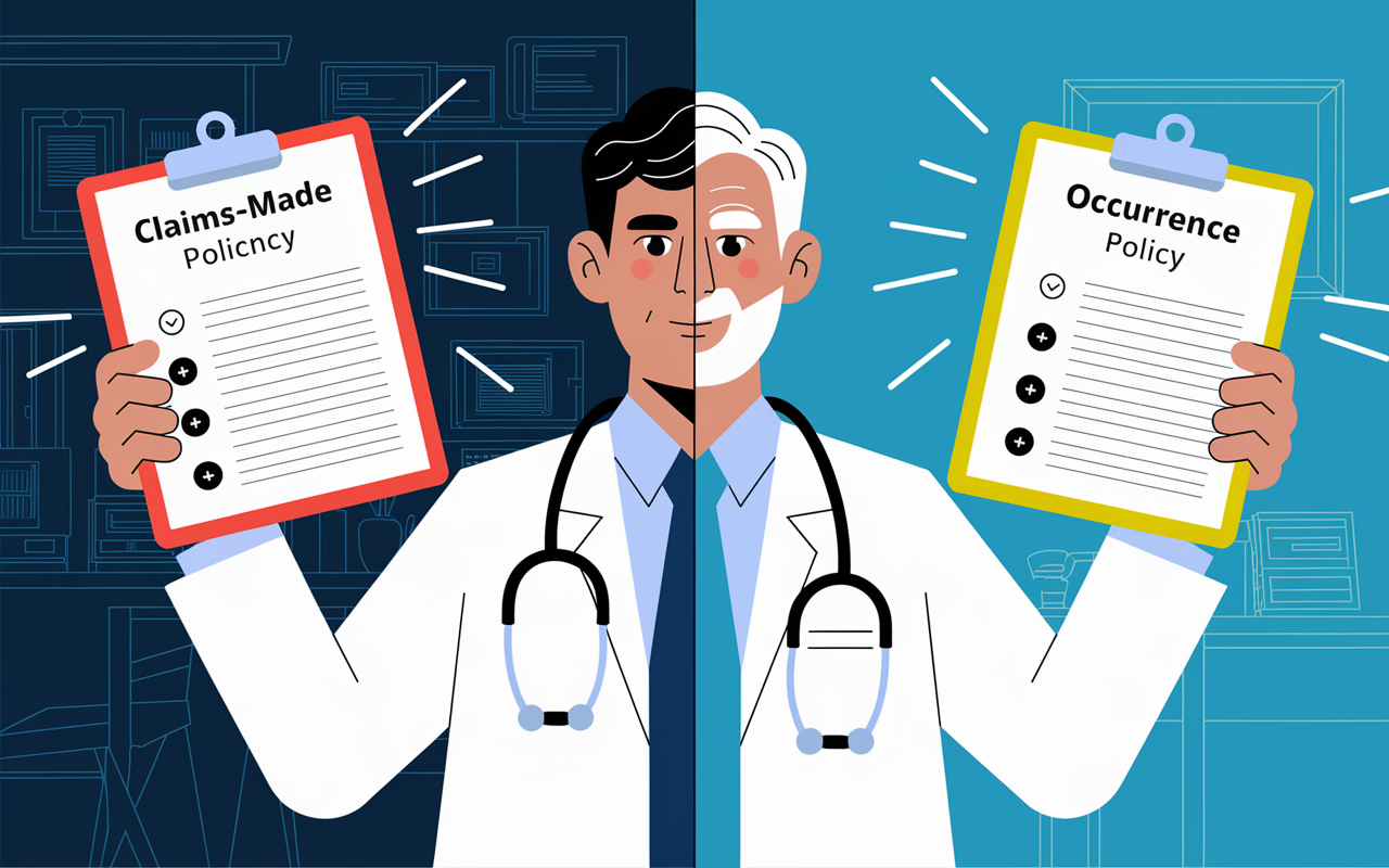 A split-screen visual representation of two types of malpractice insurance. On the left, a cheerful young physician with a clipboard shows a 'Claims-Made' policy document highlighted with rising concern in a bustling clinic environment. On the right, an older, confident doctor stands in a serene office displaying an 'Occurrence' policy document, with a reassuring smile and calm professional ambience. Bright, contrasting colors to differentiate the urgency of claims-made versus the peace of occurrence.