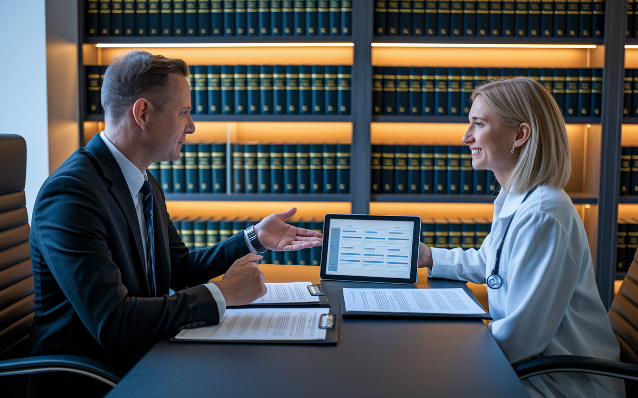 A professional insurance broker sitting across a modern desk from a new physician, with both reviewing detailed insurance documents. The broker gestures towards a digital tablet displaying comparatives of different malpractice policies. The office has bookshelves filled with legal and insurance texts, giving a formal yet approachable atmosphere. Warm lighting creates a sense of trust and collaboration.