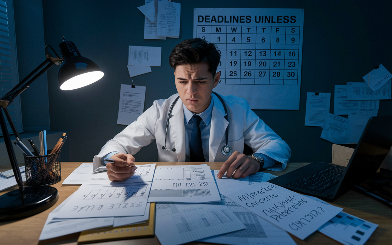 A worried young physician reviewing statistics and mocking up financial projections at a cluttered desk, surrounded by notes on malpractice settlements, highlighting concern and urgency. The dim lighting creates a tense atmosphere, with visible bills and reminders scattered across the workspace. A wall calendar shows deadlines approaching, emphasizing the importance of timely decisions.