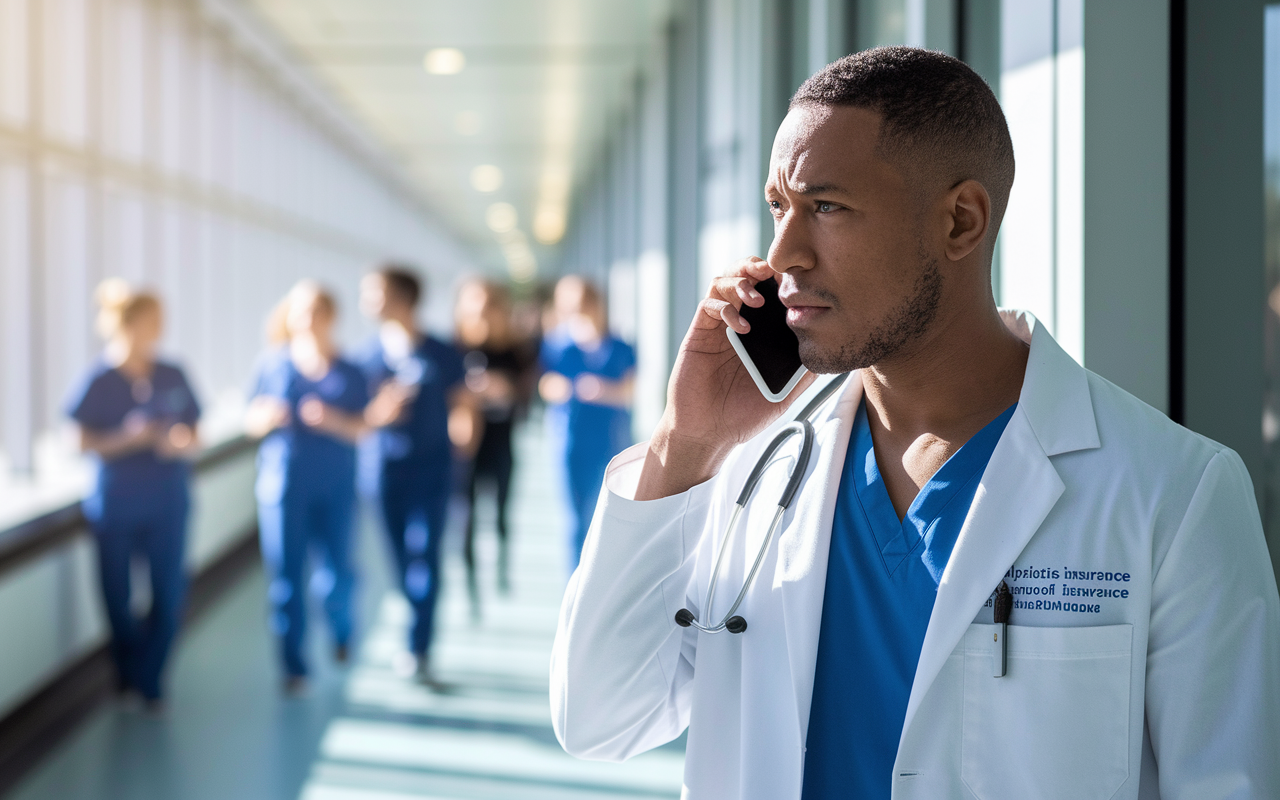 A physician in a white coat on a phone call with their malpractice insurance provider, looking concerned yet proactive in a bright clinical setting. The background shows a busy hospital corridor, amplifying the urgency of clear communication regarding changes in practice. Natural light illuminates the scene, fostering a sense of hope and responsibility.