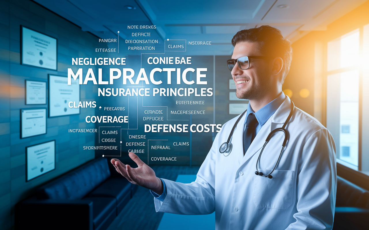 A detailed visual representation of malpractice insurance principles. Show a physician looking at a floating digital screen filled with keywords like 'negligence', 'claims', 'coverage', and 'defense costs'. The background should depict an office space with medical diplomas on the walls. Use warm natural light to create an inviting atmosphere, while emphasizing the digital elements with a futuristic tech style.