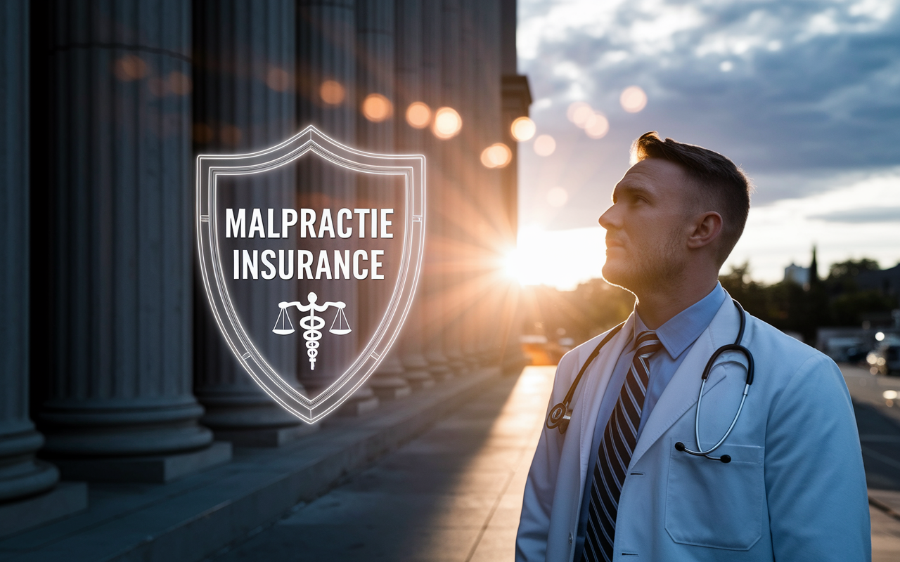 An emotionally driven scene illustrating the importance of malpractice insurance for healthcare professionals. Feature a doctor, looking worried, standing outside a courtroom, while a glowing shield representing insurance protection hovers nearby. The sunset creates a dramatic silhouette, highlighting the tension and the gravity of legal battles. A bokeh effect will enhance the emotional weight of the scene.