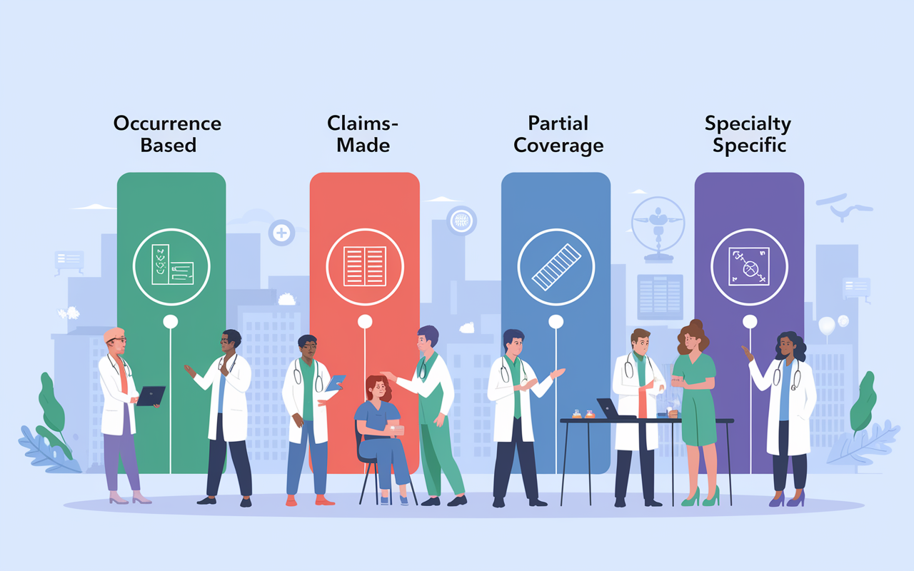 A visually engaging chart that categorizes the different types of malpractice insurance: 'Occurrence-Based', 'Claims-Made', 'Partial Coverage', 'Specialty-Specific', with each section featuring corresponding icons and illustrations. In the background, show healthcare professionals in discussions around each type, providing a collaborative and informative atmosphere. Use vibrant colors and clear labels for distinction.