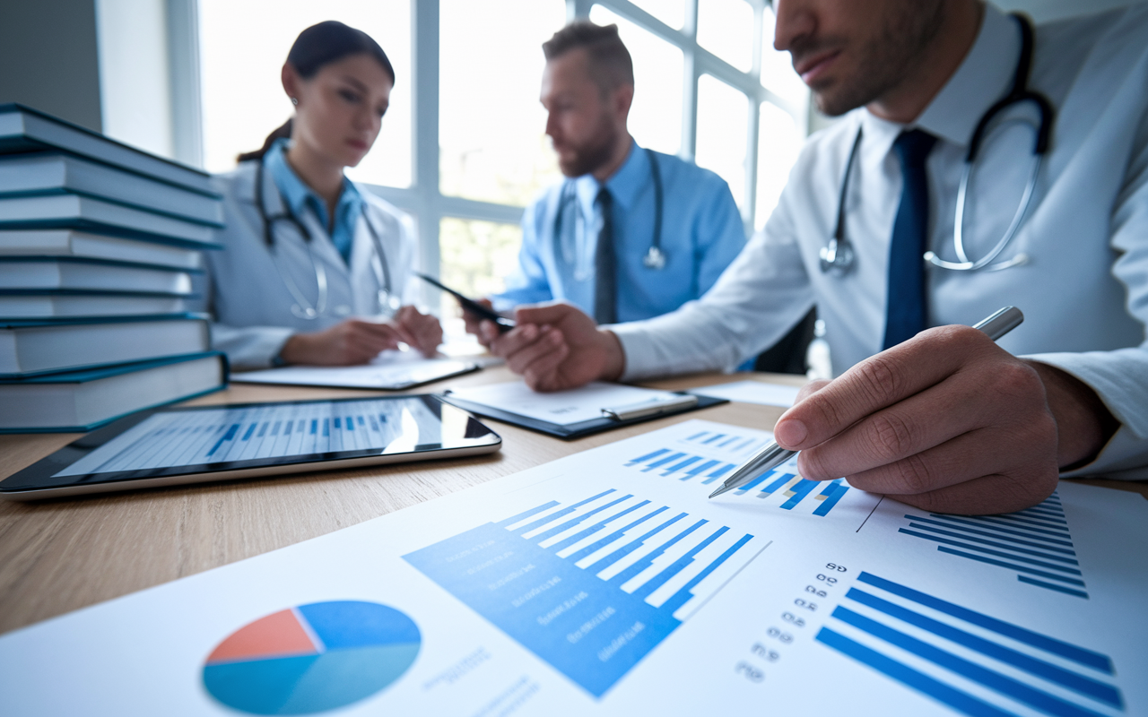 A thoughtful scene showing a healthcare professional analyzing factors for selecting malpractice insurance. Display charts, documents, and a tablet with data points on a desk. In the background, two colleagues consult each other while surrounded by medical books, making the setting feel professional yet relatable. Use focus lighting to highlight the documents and expressions of concentration on their faces.