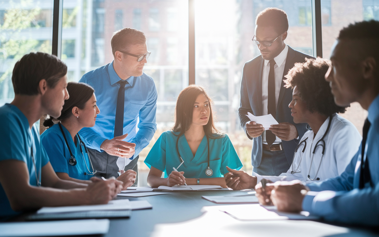 A sincere conclusion scene showing a diverse group of healthcare professionals gathered in a meeting to discuss their malpractice insurance choices. They sit around a large table, brainstorming and sharing insights, creating an atmosphere of collaboration and understanding. Sunlight streams through a window, illuminating their determined faces, capturing the essence of informed decision-making and assurance.