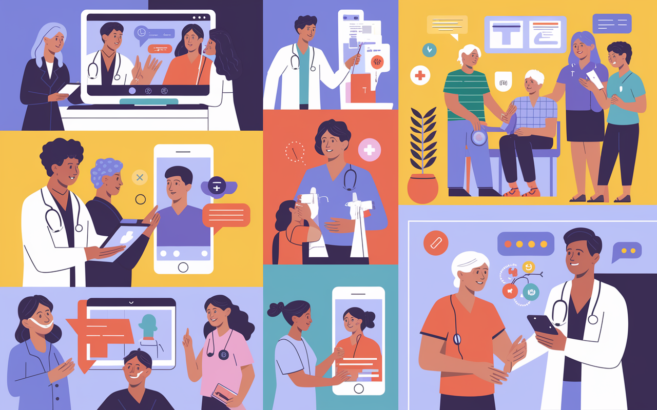 A vibrant collage depicting various telemedicine scenarios, showcasing diverse patients and healthcare providers interacting through video calls and mobile apps. One scene shows a doctor examining a patient's symptoms via video with a virtual stethoscope. Another shows an elderly patient receiving care at home, with family members supporting them. Bright colors evoke warmth and accessibility, emphasizing the rise of telemedicine as an essential service during the pandemic.