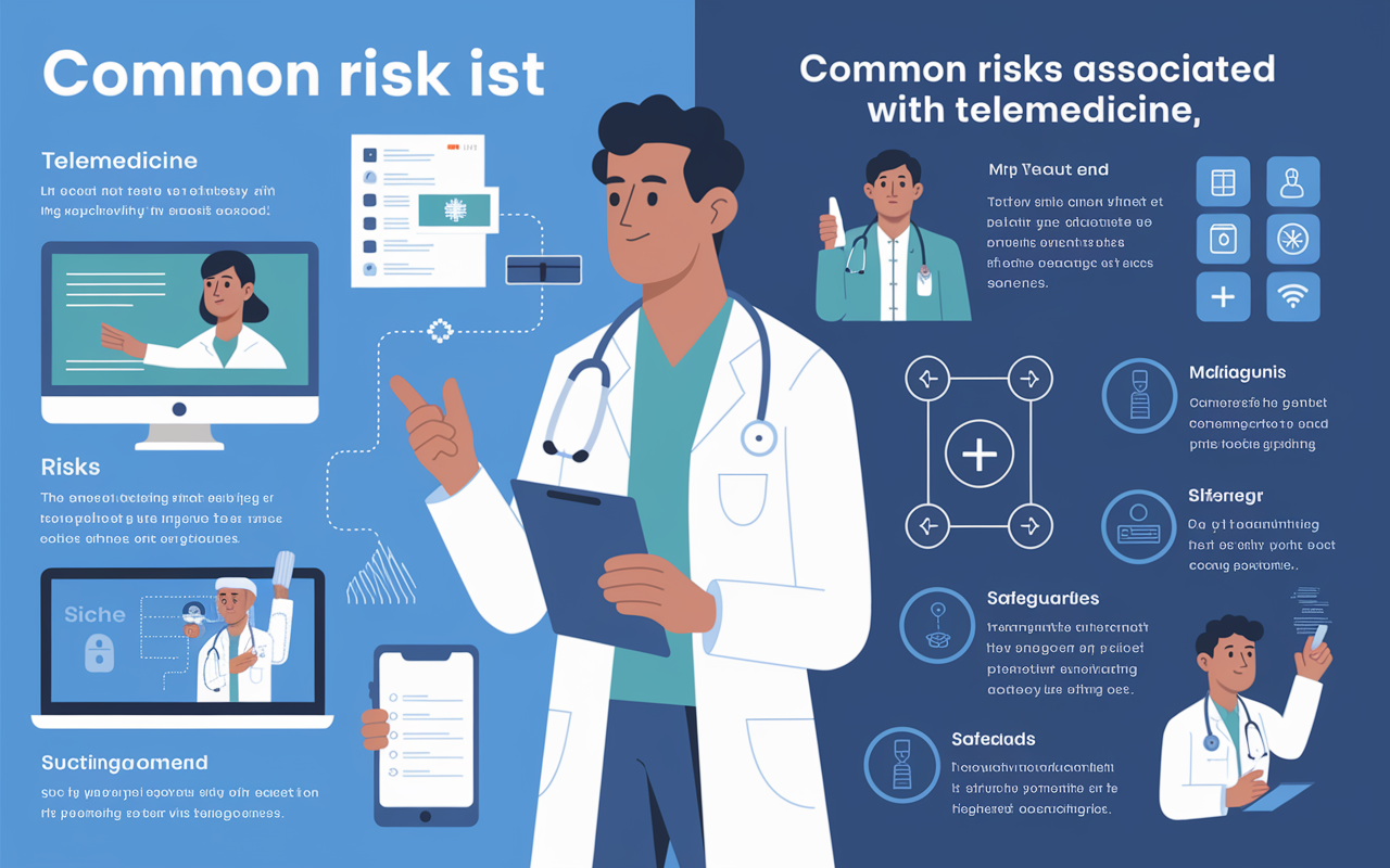 An infographic illustrating common risks associated with telemedicine, such as technology failures and misdiagnosis. It includes visuals of a doctor addressing risks with patient assessments on one side, while technology icons displaying connectivity issues and safeguards on the other. A clear, educational layout informs readers about the challenges of telehealth while highlighting proactive measures for practitioners.