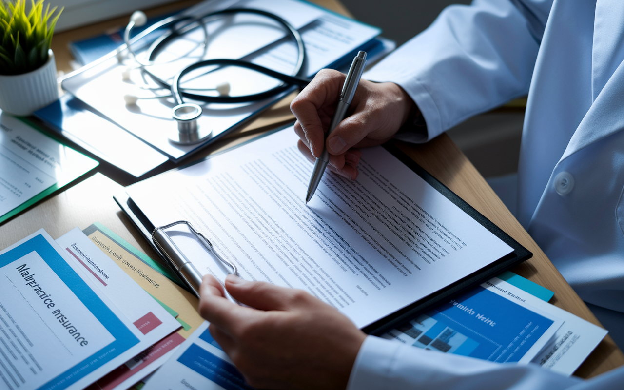 A close-up view of a physician's hands holding a pen, thoughtfully reviewing a detailed insurance policy document on their desk. The desk is cluttered with various brochures and quotes from different malpractice insurance providers. Natural light illuminates the scene, highlighting the physician's focused posture. A stethoscope and a small potted plant are visible in the background, adding a touch of life to the serious atmosphere.