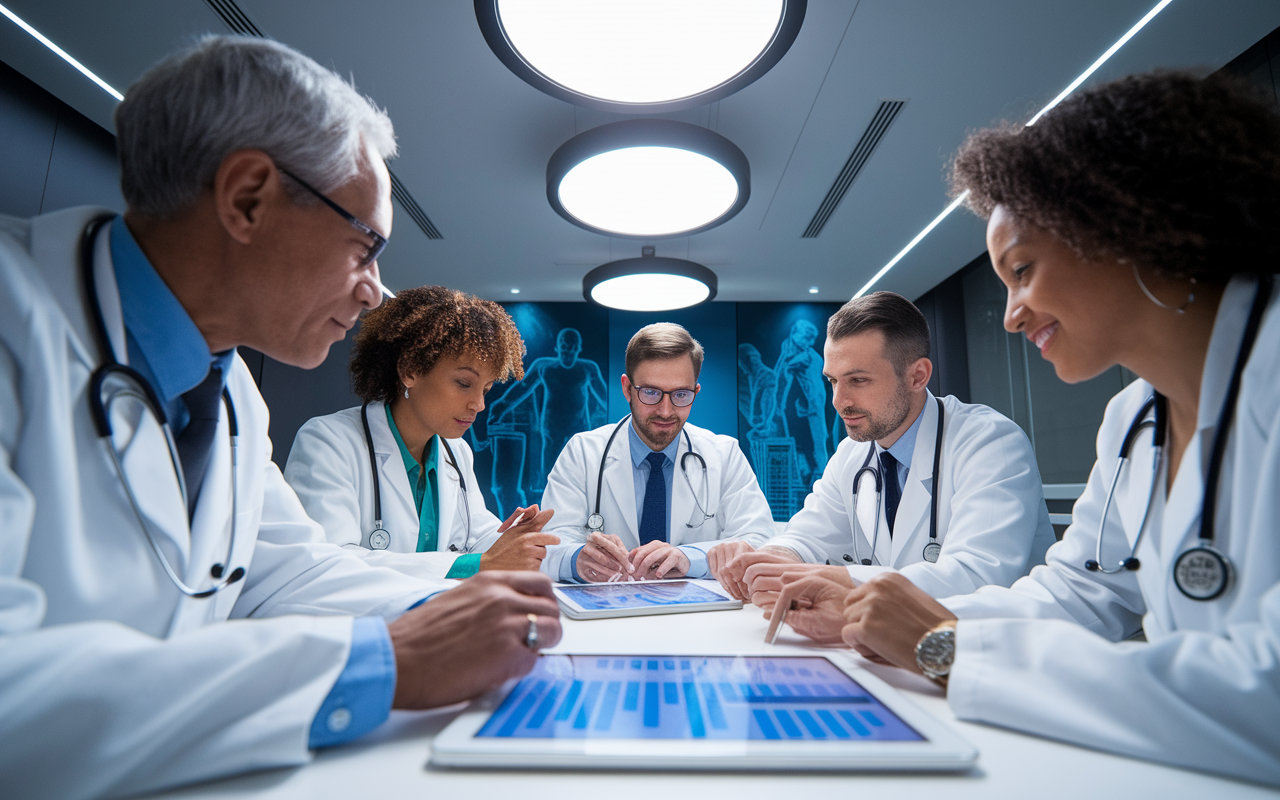 A group of diverse physicians seated around a conference table, engaged in a discussion about malpractice insurance options. They are examining charts and data displayed on a tablet, with animated expressions depicting collaboration and exchange of ideas. The room possesses modern decor with medical imagery on the walls. Bright overhead lights provide a well-lit environment, emphasizing the serious nature of their conversation.