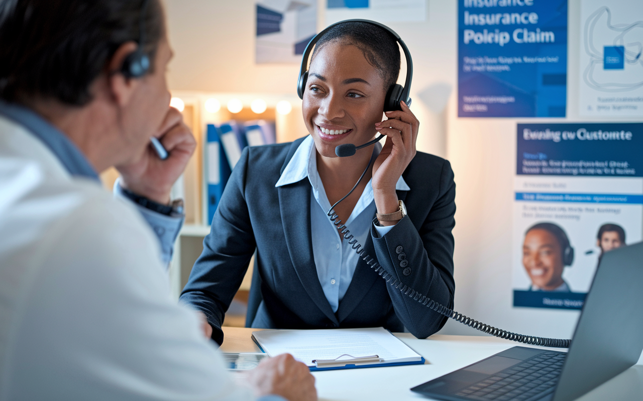 A friendly customer service representative with a headset, assisting a physician over the phone regarding their malpractice insurance claim. The representative's desk is organized with brochures and posters about insurance policies, exuding a sense of professionalism and helpfulness. Soft lighting creates a welcoming environment, while the representative's attentive demeanor highlights the importance of customer support in times of need.