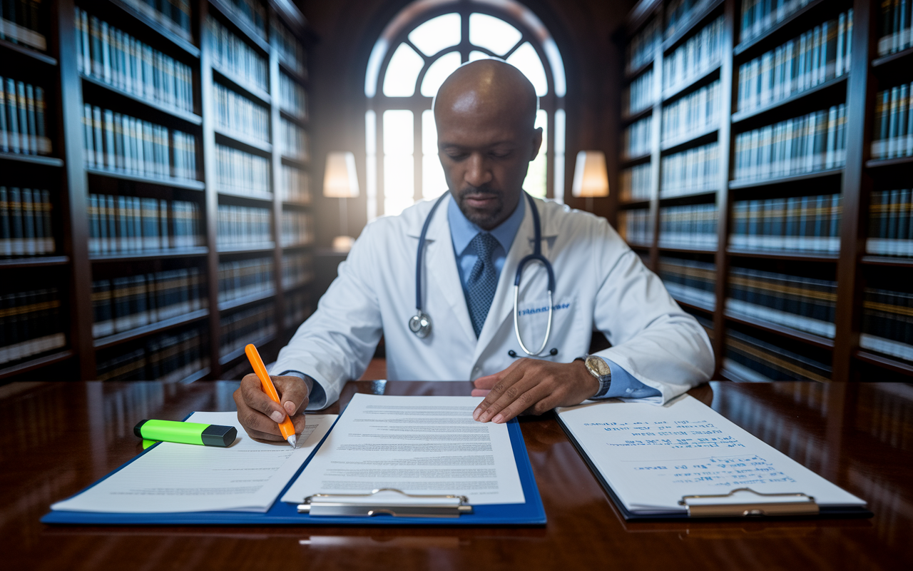 A physician in a quiet library setting, deeply engrossed in reading a malpractice insurance contract. The document is spread out on a polished wooden table alongside a highlighter and notepad filled with handwritten notes. Shelves of medical textbooks surround the physician, and soft light streams in through an arched window, creating a serene atmosphere perfect for important decision-making.